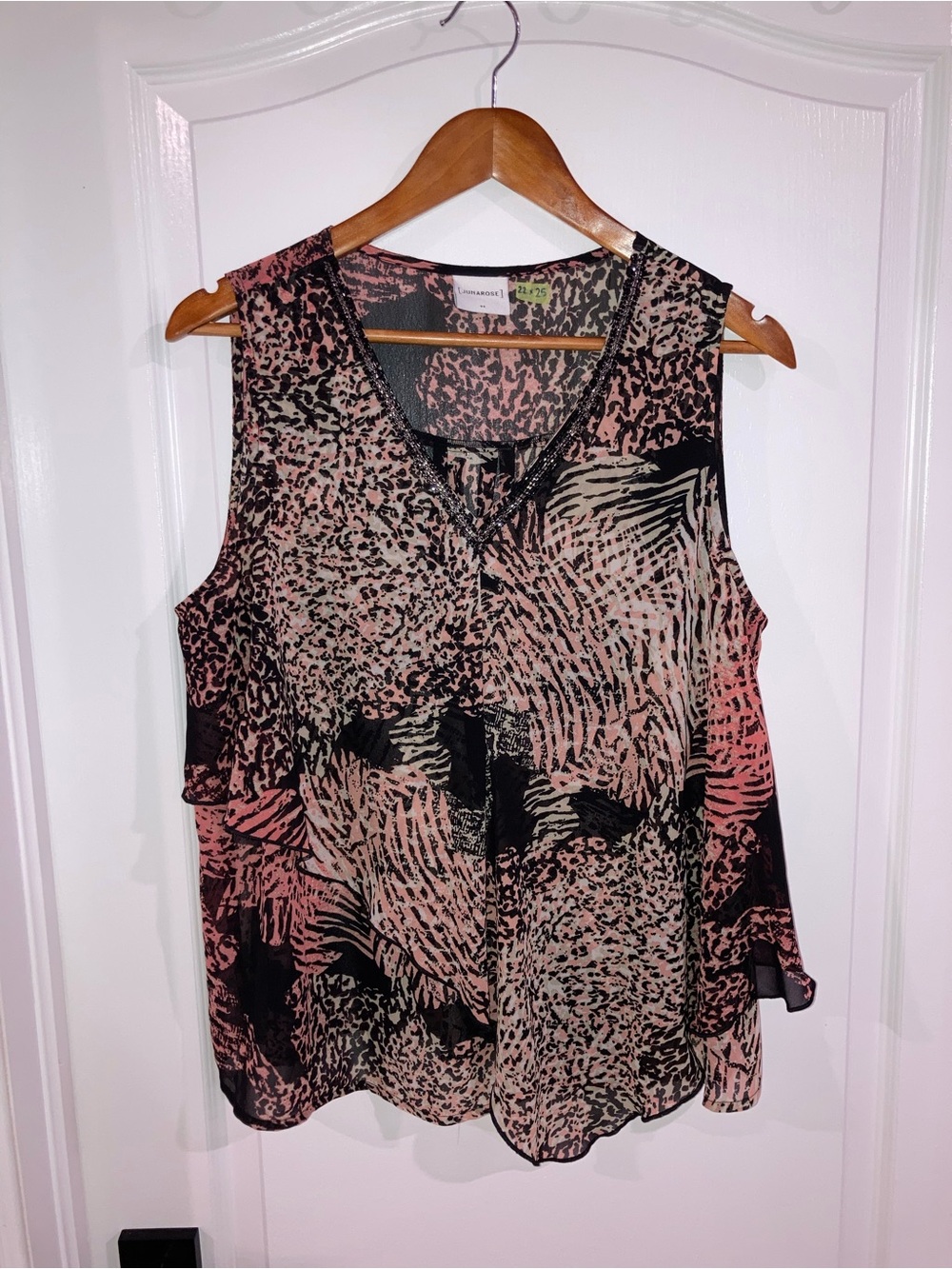Junarose Pink & Black Abstract Animal Print Beaded V-Neck Blouse - size 44